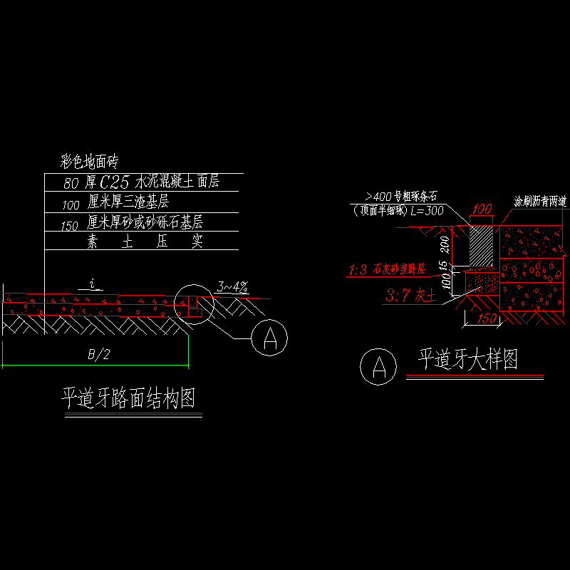 平道牙路面结构CAD图纸(平面图)(dwg)