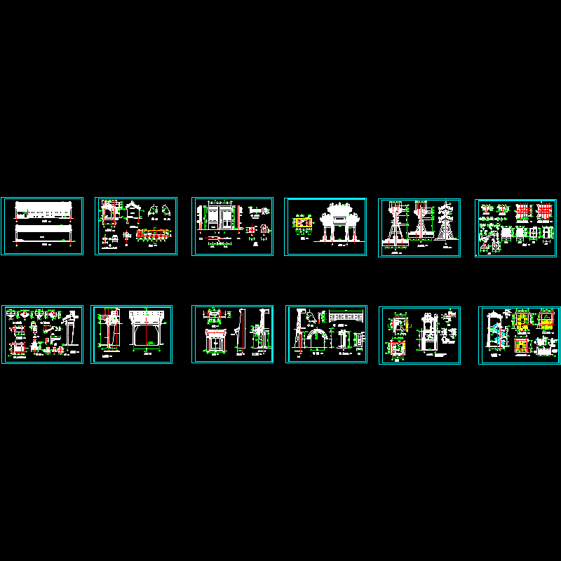 古牌楼建筑设计CAD图纸，共12张图纸.dwg