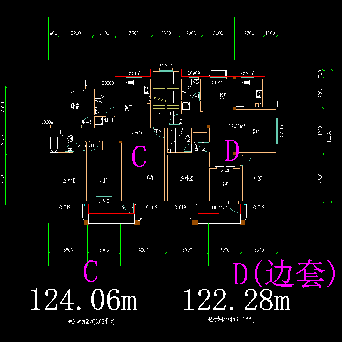 板式多层一梯二户户型CAD图纸(124/122)