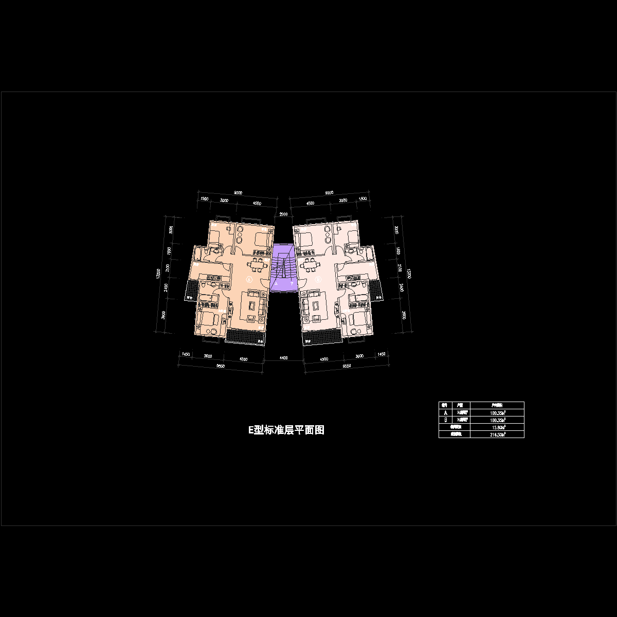 塔式多层一梯两户(100/100)_CAD