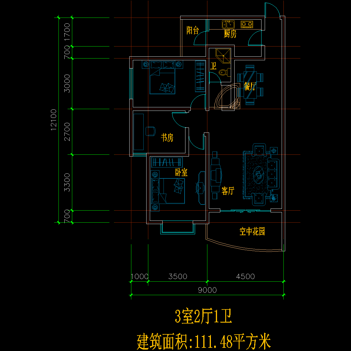 板式多层单户三室二厅一卫户型CAD图纸(111)