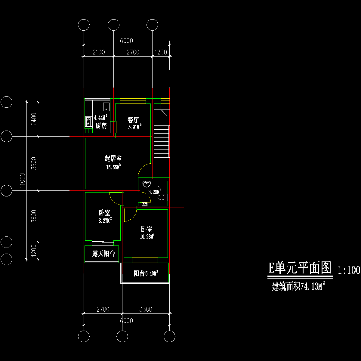 板式多层三室单户户型CAD图纸(141)