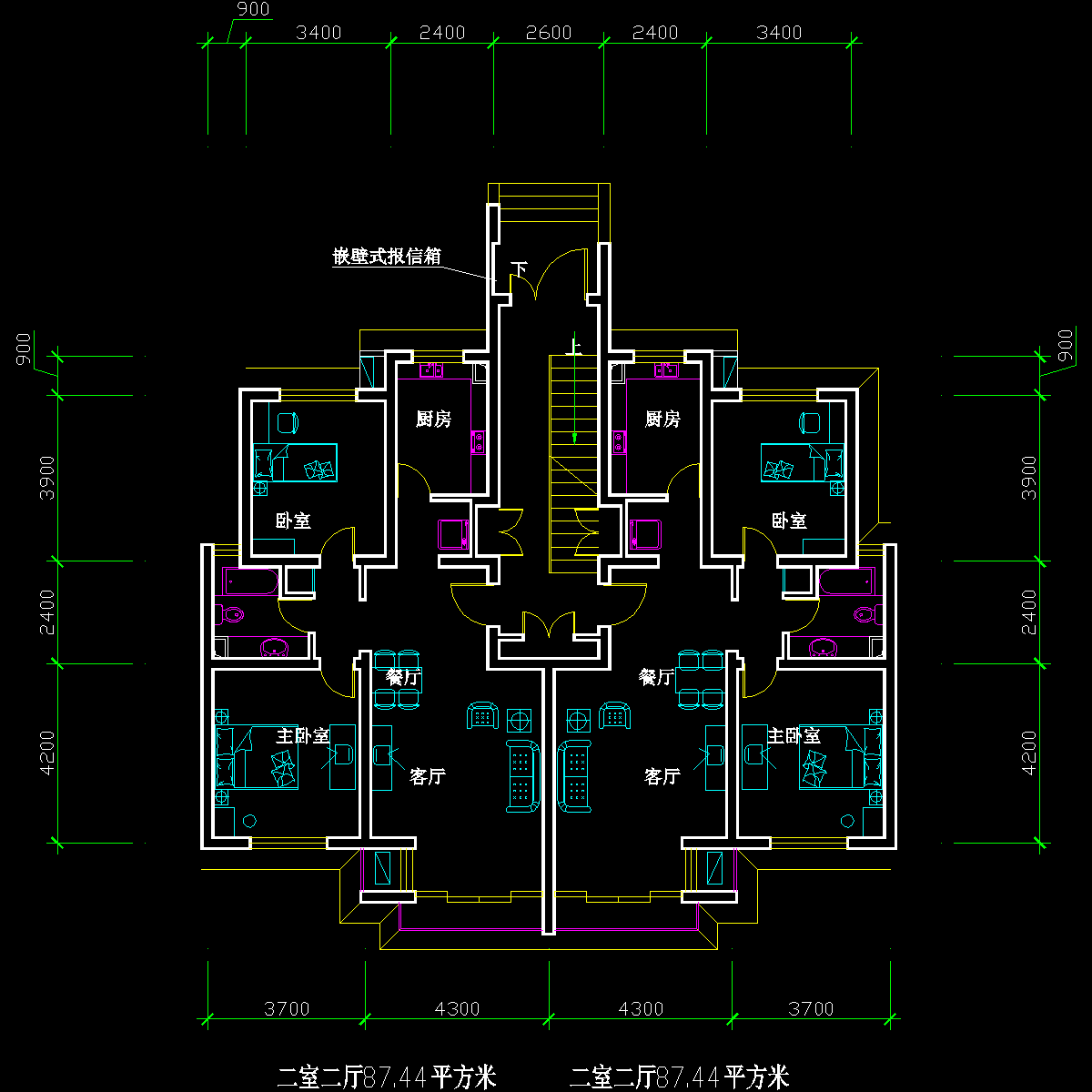 板式多层一梯两户二室二厅一卫户型CAD图纸(87/87)