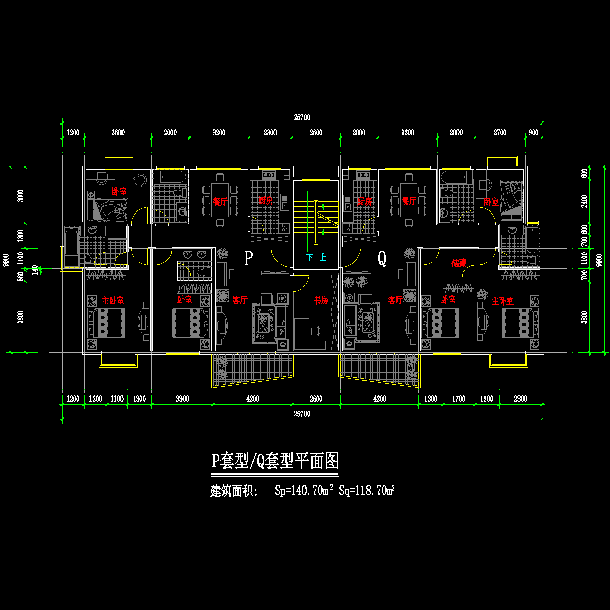 板式多层一梯两户户型CAD图纸(141/119)