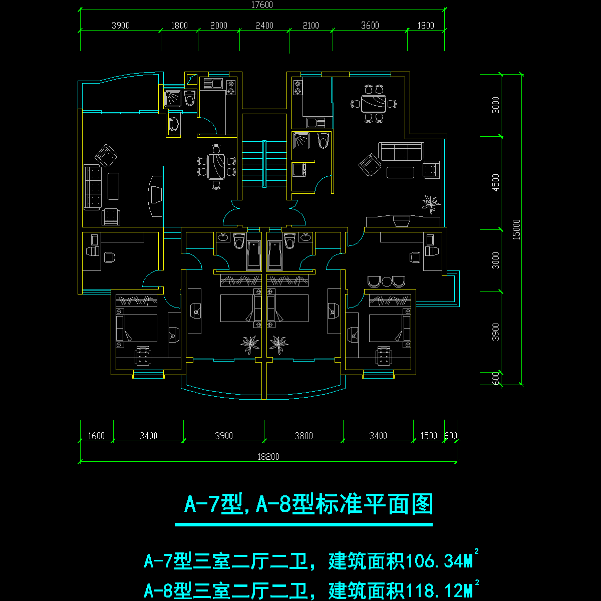 板式多层一梯二户三室二厅二卫户型CAD图纸(106/118)
