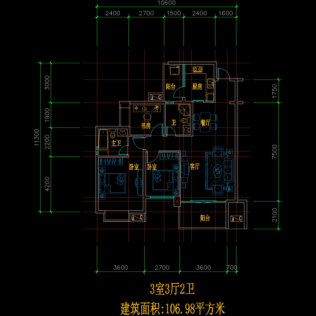 板式多层单户三室三厅二卫户型CAD图纸(107)