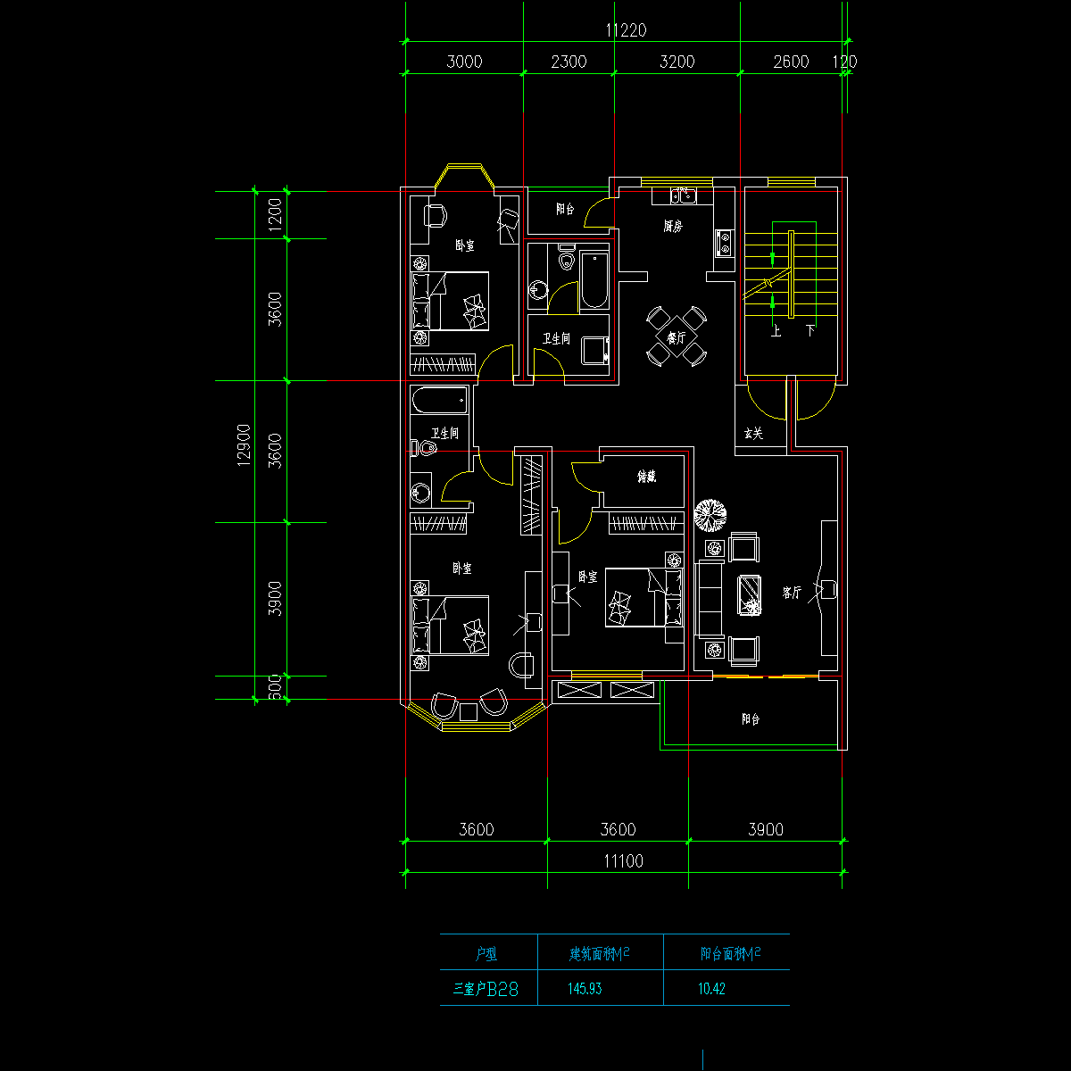 板式多层一梯两户三室一厅二卫户型CAD图纸(146/146)