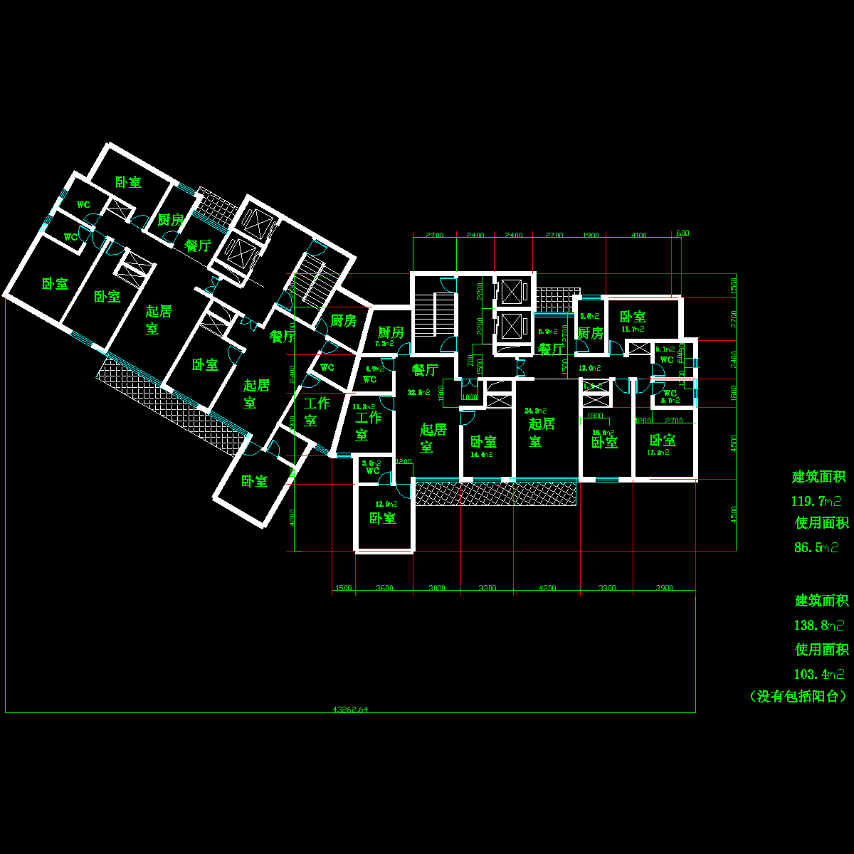 塔式高层一梯二户有工作室户型CAD图纸(120/87)