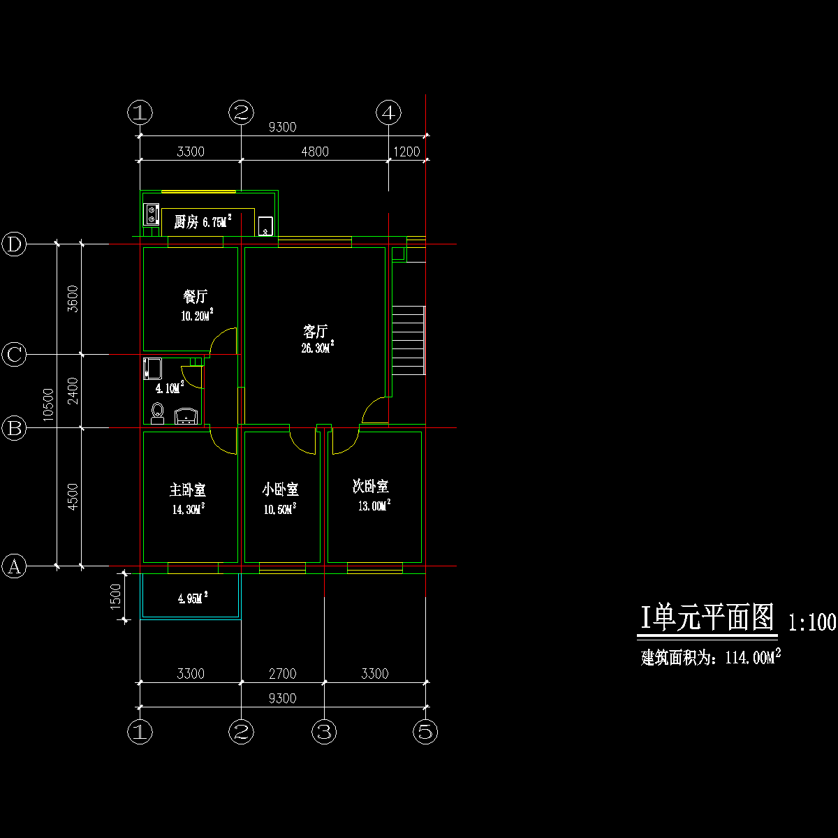 板式多层三室单户户型CAD图纸(114)