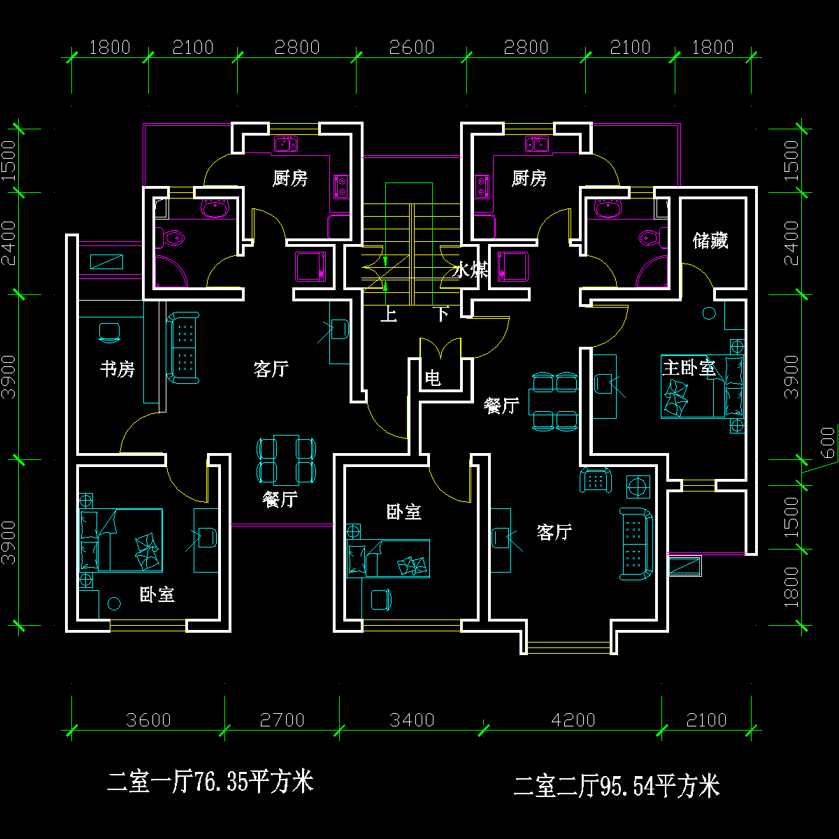 板式多层一梯二户二室一厅、二室二厅户型CAD图纸(76/96)