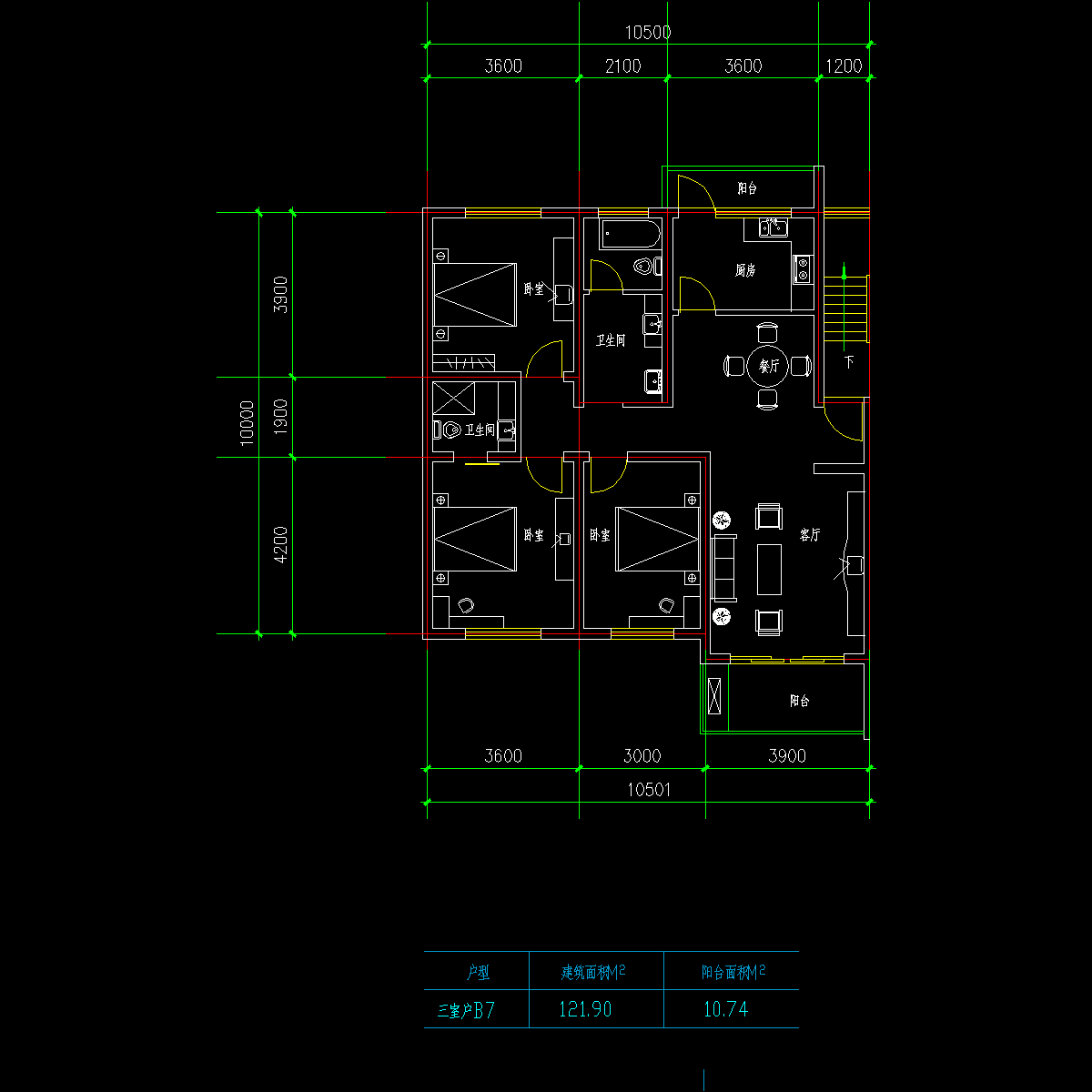 板式高层三室一厅单户户型CAD图纸(121.90)