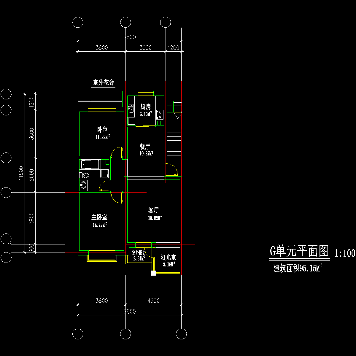 板式多层三室单户户型CAD图纸(127)