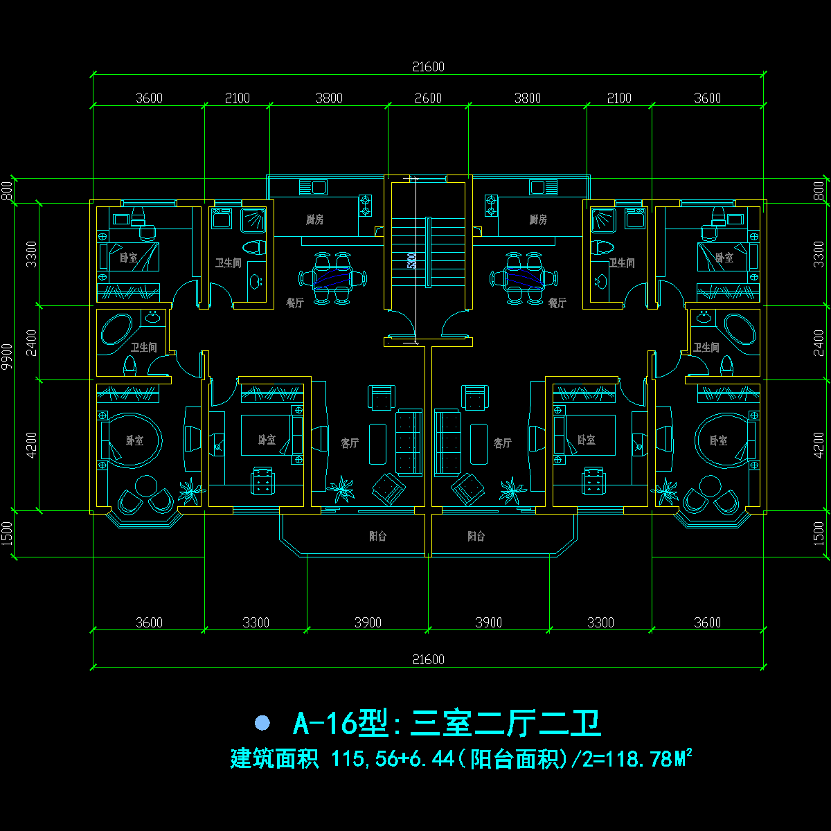板式多层一梯二户三室二厅二卫户型CAD图纸(119/119)
