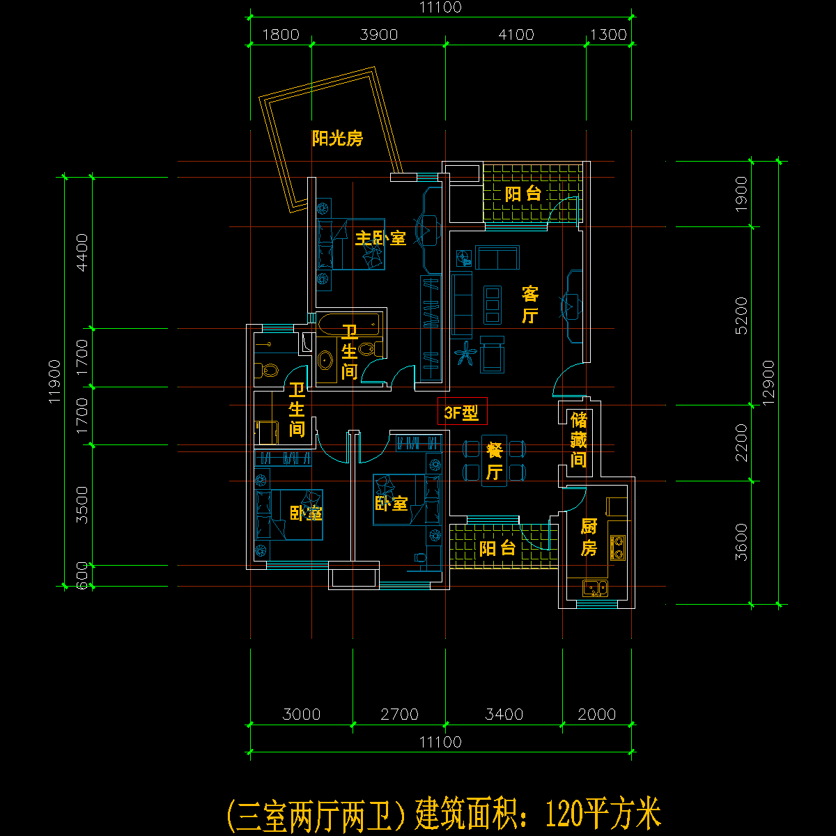 板式多层单户三室二厅二卫户型CAD图纸(120)