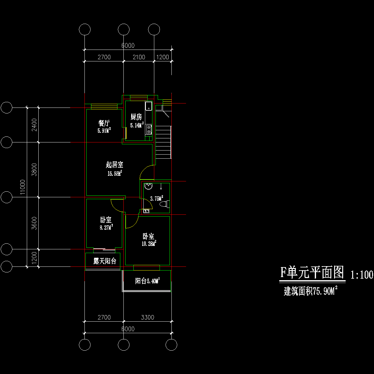 板式多层两室单户户型CAD图纸(127)