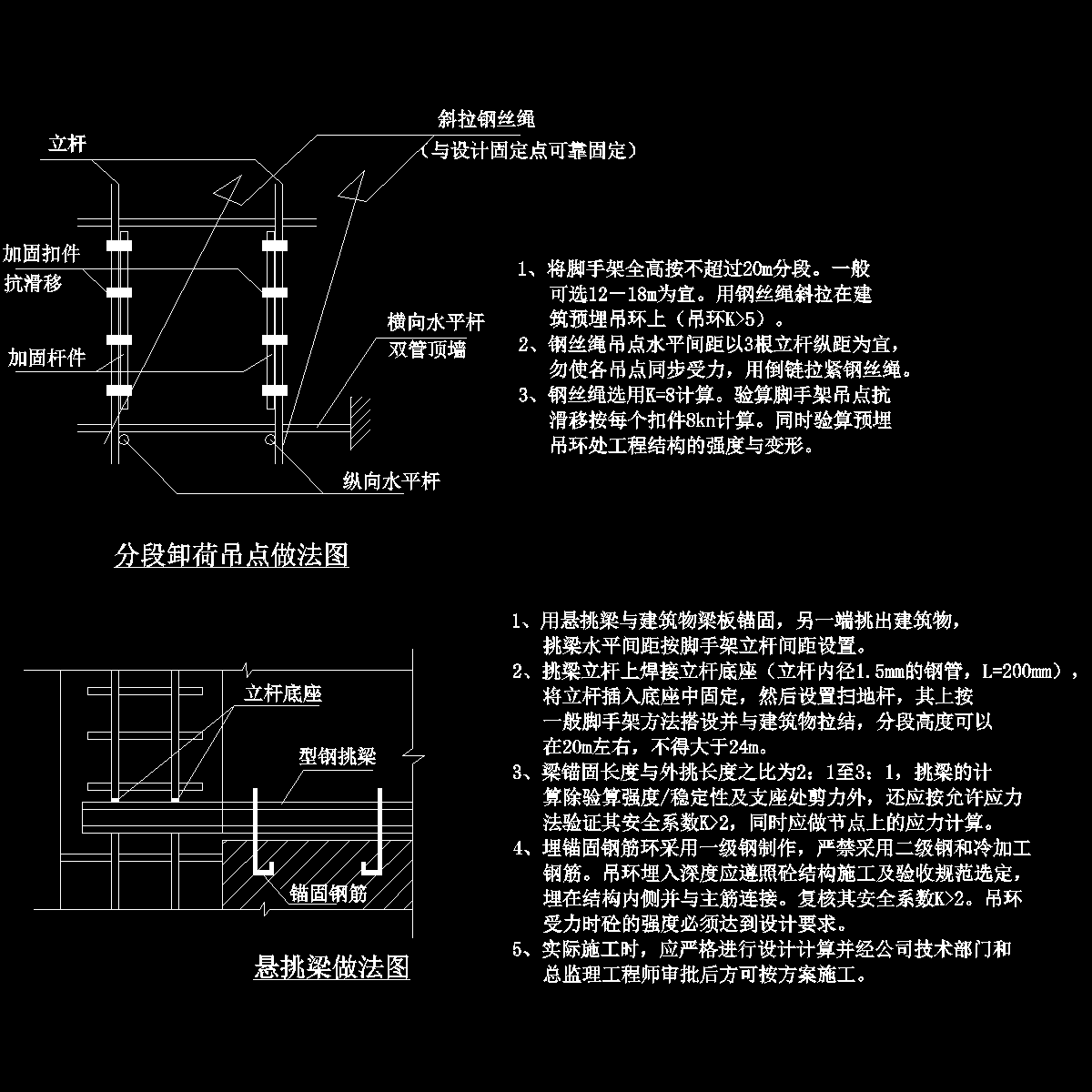 脚手架分段卸荷吊点及悬挑梁做法施工图纸cad