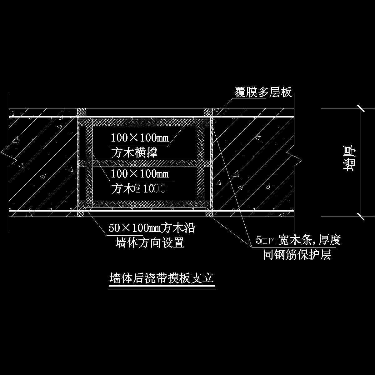 墙体后浇带模板支设施工示意图纸（多层板）