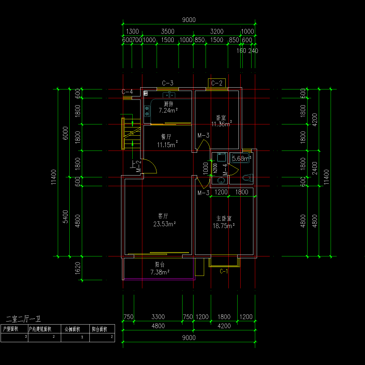 板式多层单户二室二厅一卫户型CAD图纸(103)