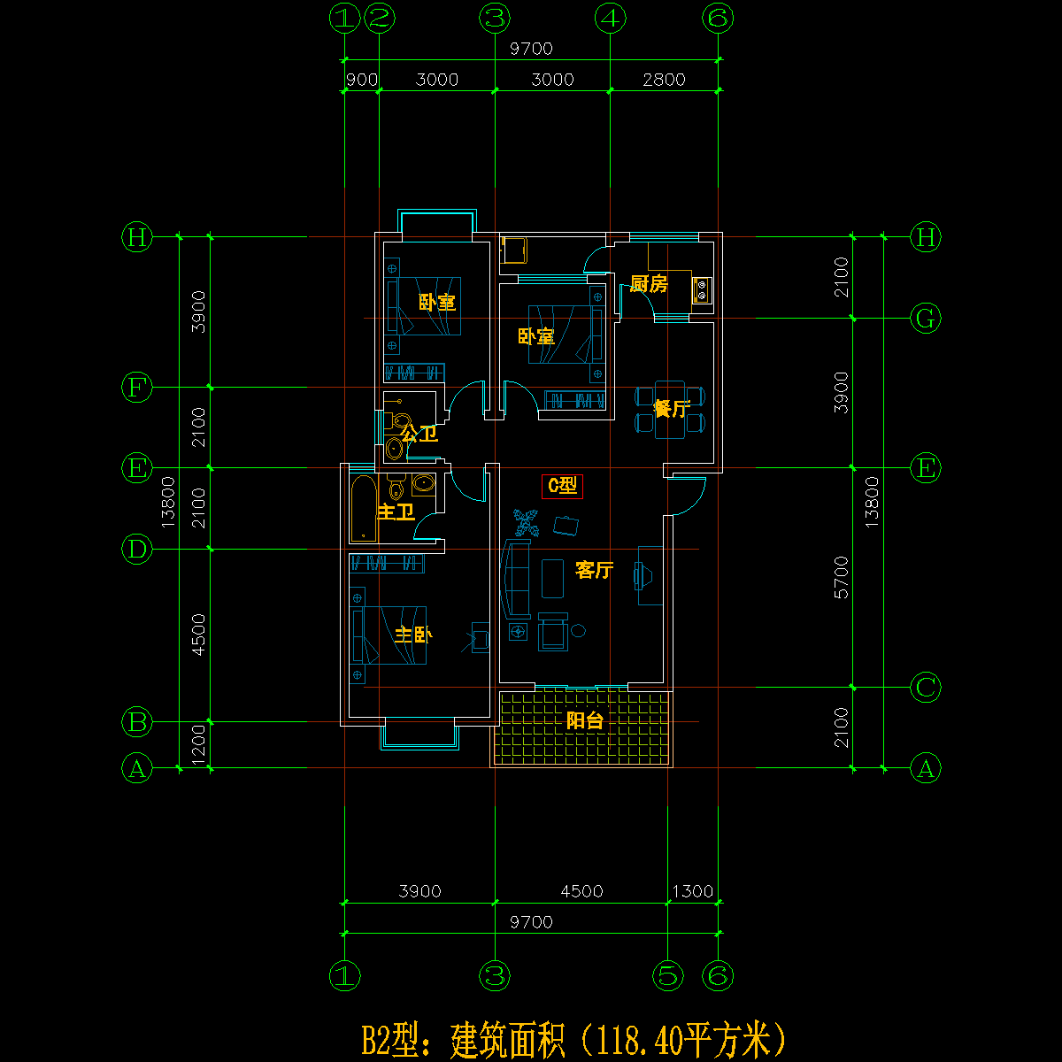 板式多层单户三室一厅二卫户型CAD图纸(118)