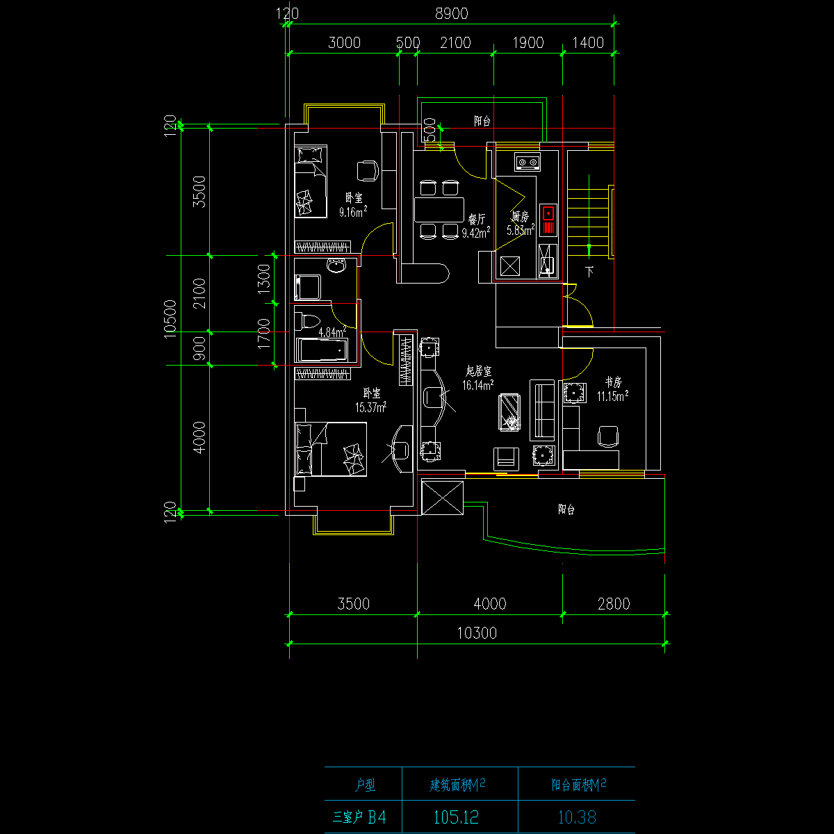 板式高层三室一厅单户户型CAD图纸(105)