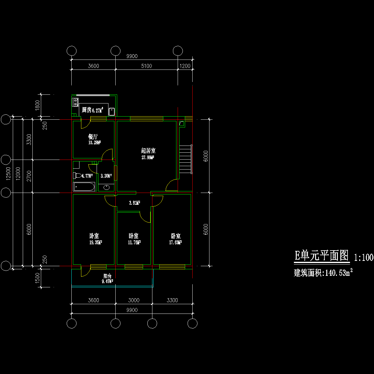 板式多层三室单户户型CAD图纸(141)