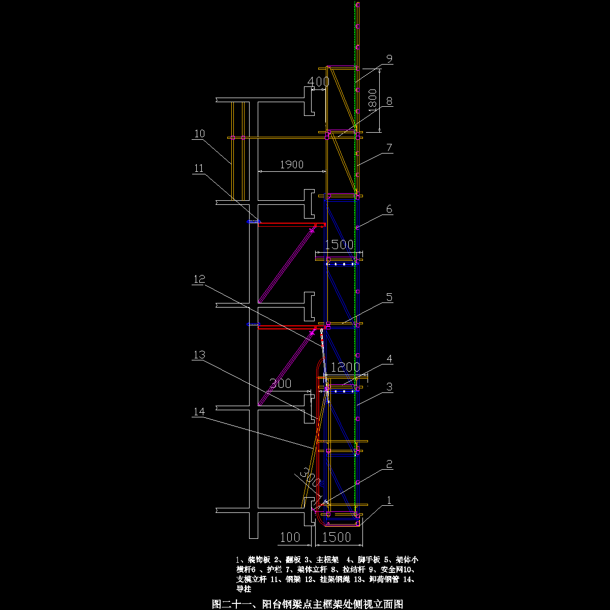 图二十一、阳台点主框架侧视立面图.dwg