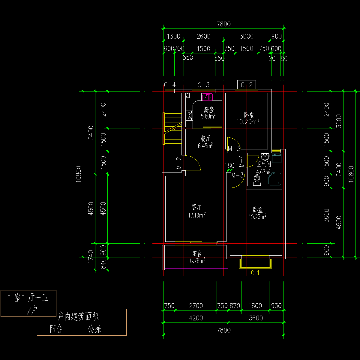 板式多层单户二室二厅一卫户型CAD图纸(81)