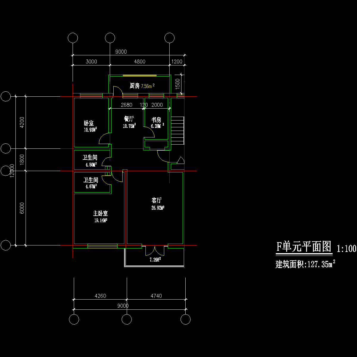 板式多层两室单户户型CAD图纸(127)