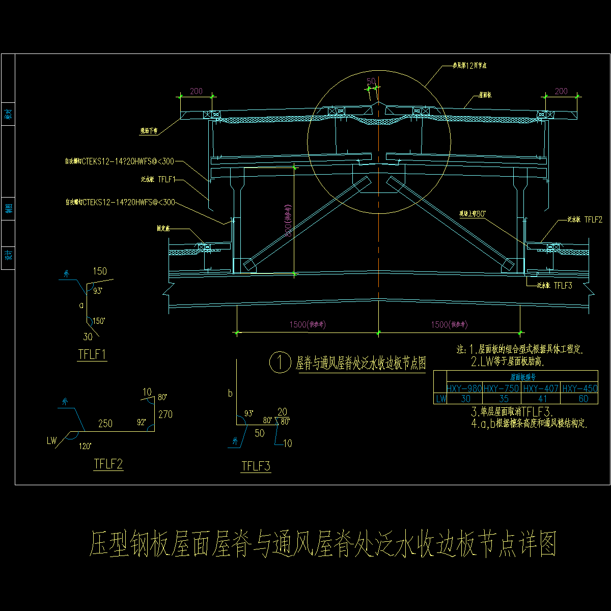 压型钢板屋面屋脊与通风屋脊处泛水收边板节点详图纸cad