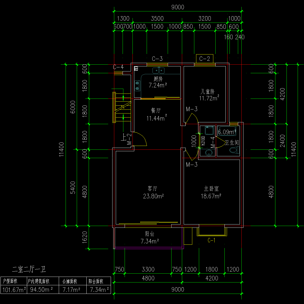 板式多层单户二室二厅一卫户型CAD图纸(107)