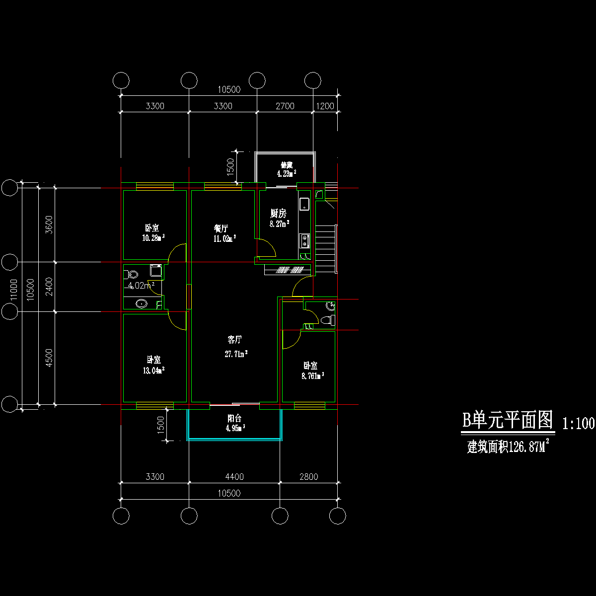 板式多层三室单户户型CAD图纸(127)