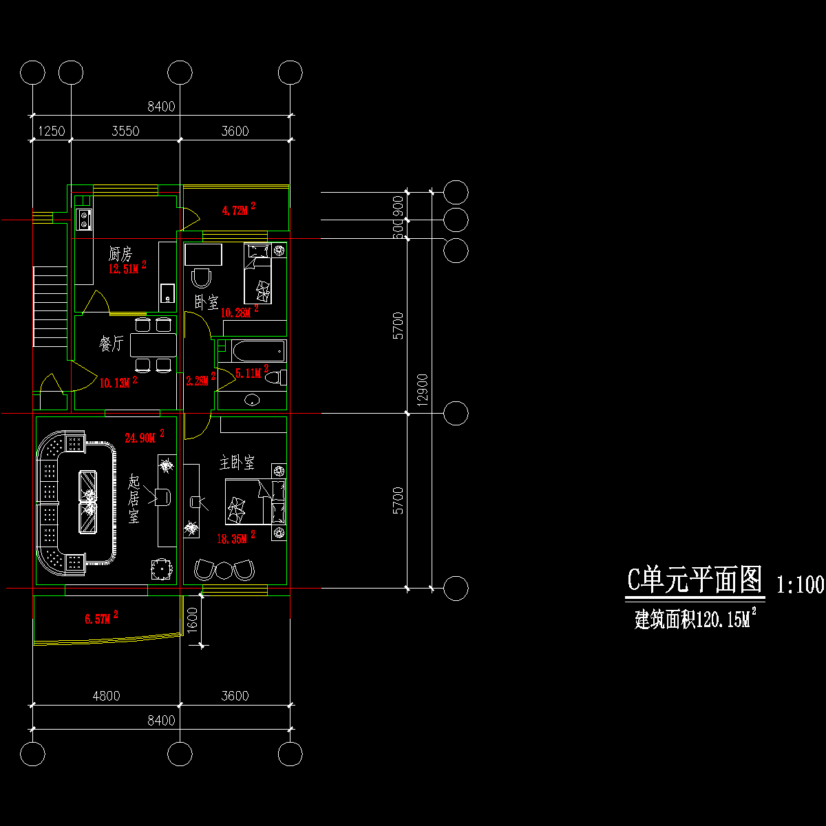 板式多层两室单户户型CAD图纸(120)