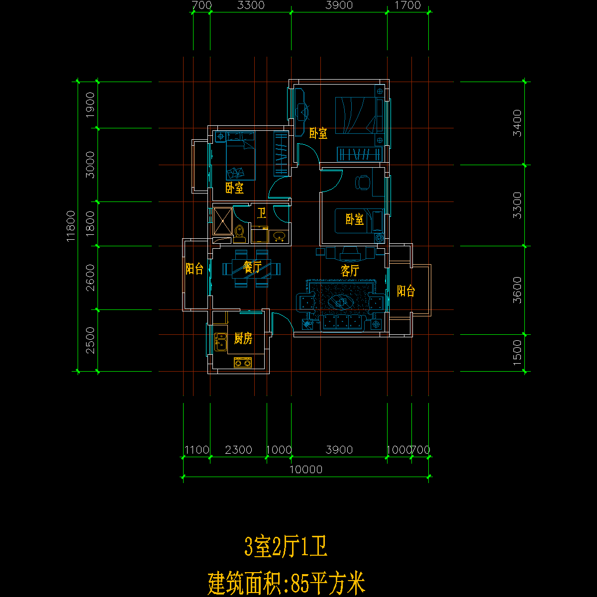 板式多层单户三室二厅一卫户型CAD图纸(85)