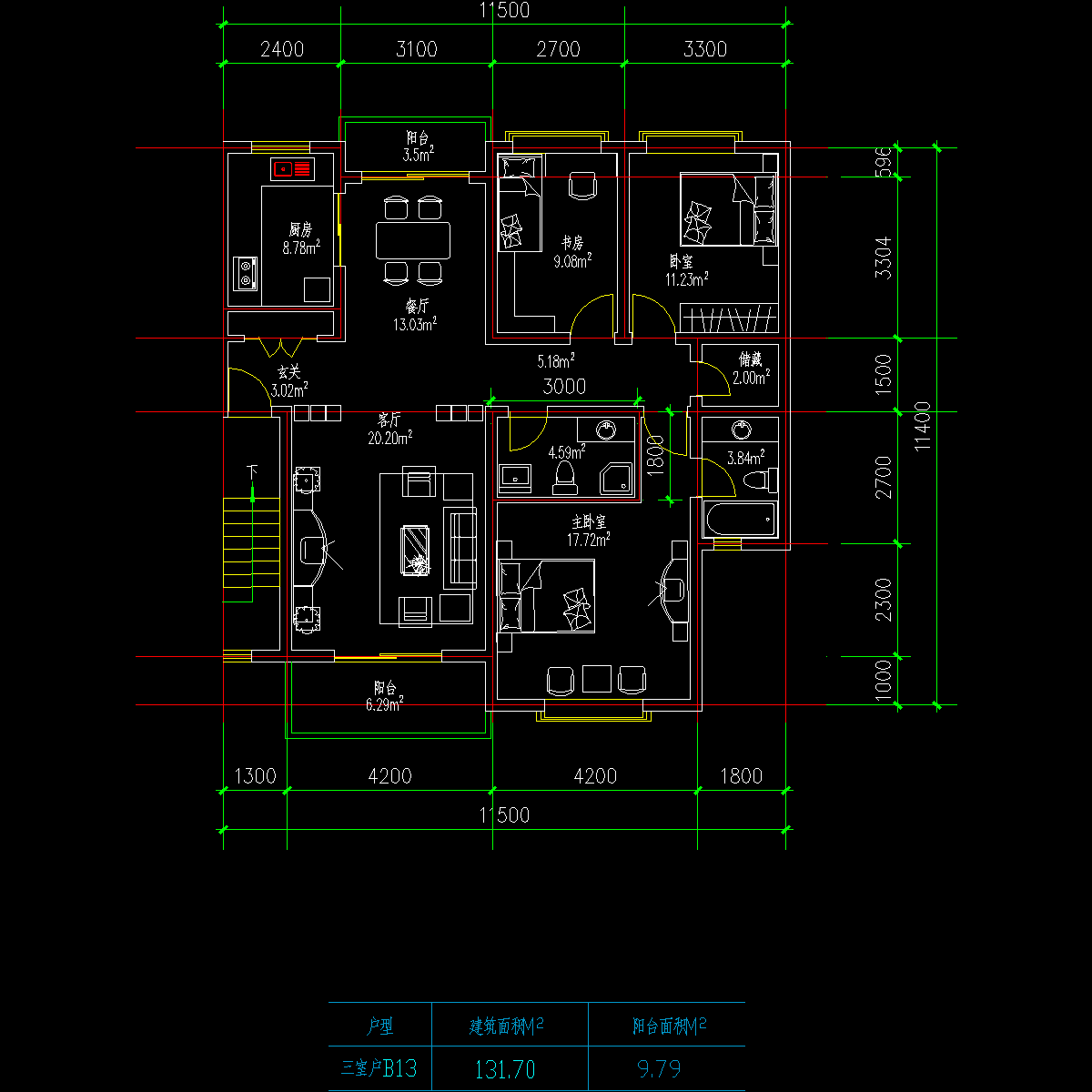 板式多层一梯两户三室一厅二卫户型CAD图纸(131/131)