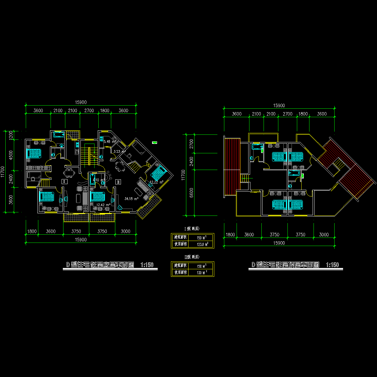 板式多层一梯二户有跃层户型CAD图纸(150/150)