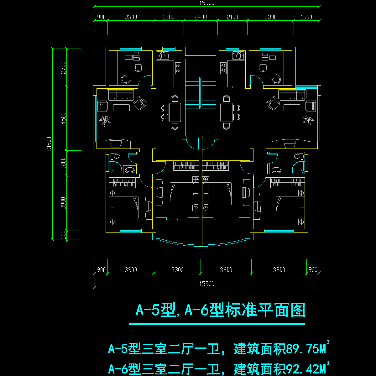 板式多层一梯二户三室二厅一卫户型CAD图纸(90/92)