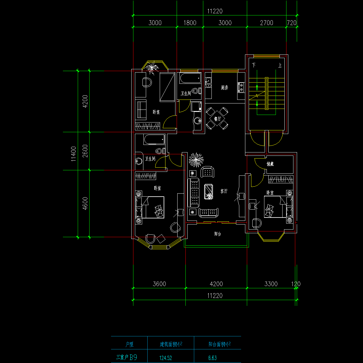 板式高层三室一厅单户户型CAD图纸(125)