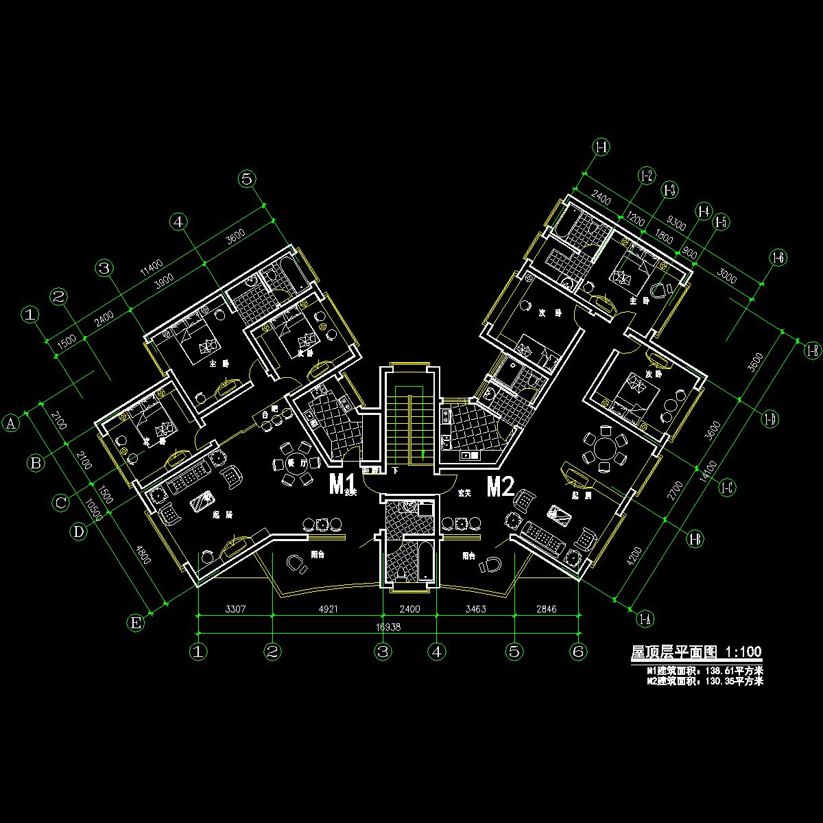 塔式多层一梯两户户型CAD图纸(130/139)