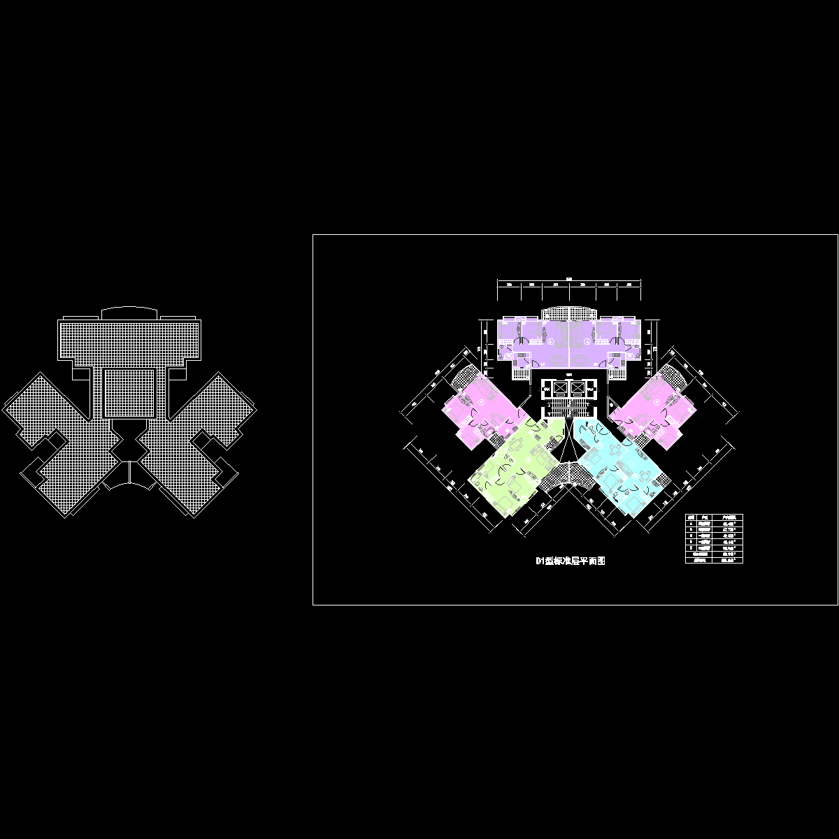 塔式多层一梯六户户型CAD图纸(65/65/67/50/40/94)