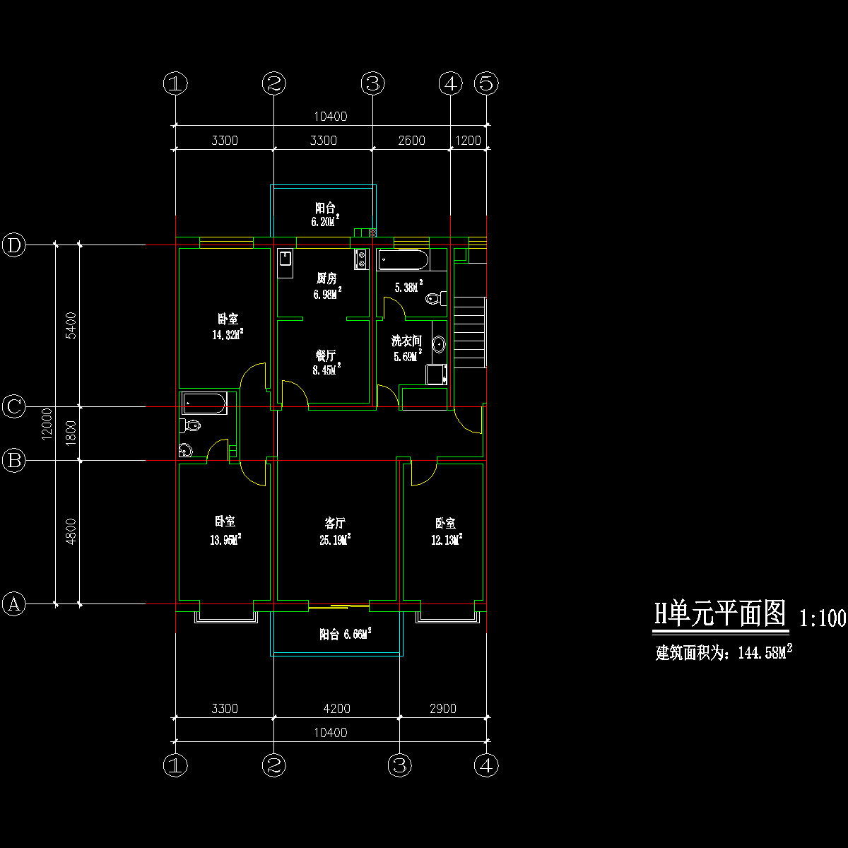 板式多层三室单户户型CAD图纸(145)