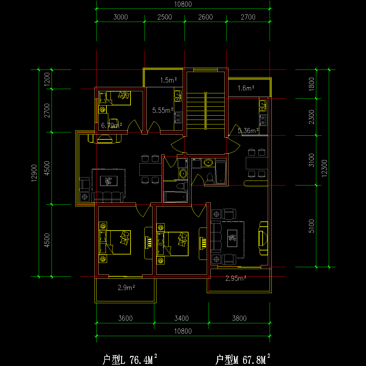 板式多层一梯两户户型CAD图纸(76/68)