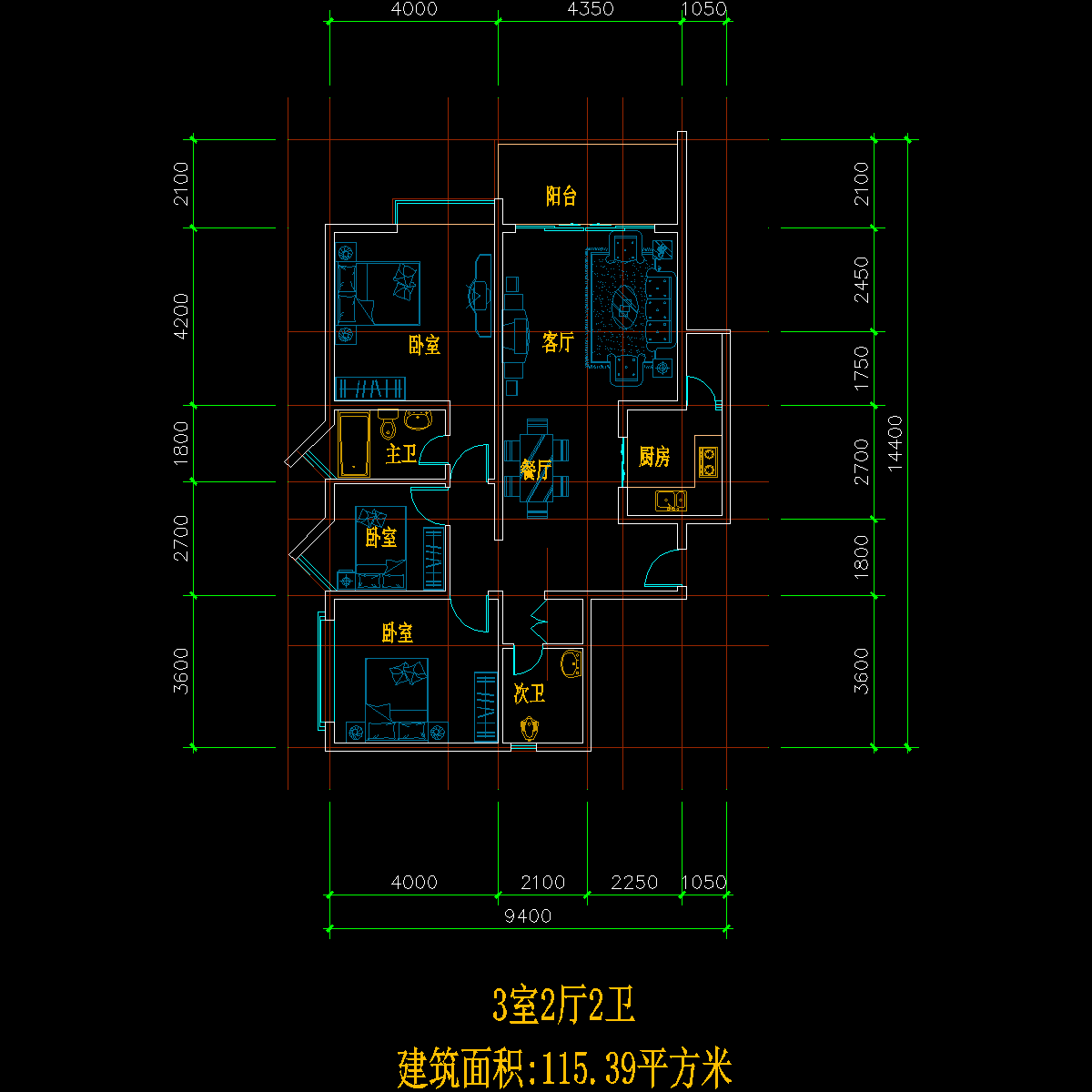 板式多层单户三室二厅二卫户型CAD图纸(115)
