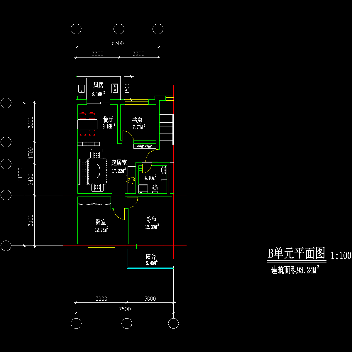 板式多层三室单户户型CAD图纸(127)