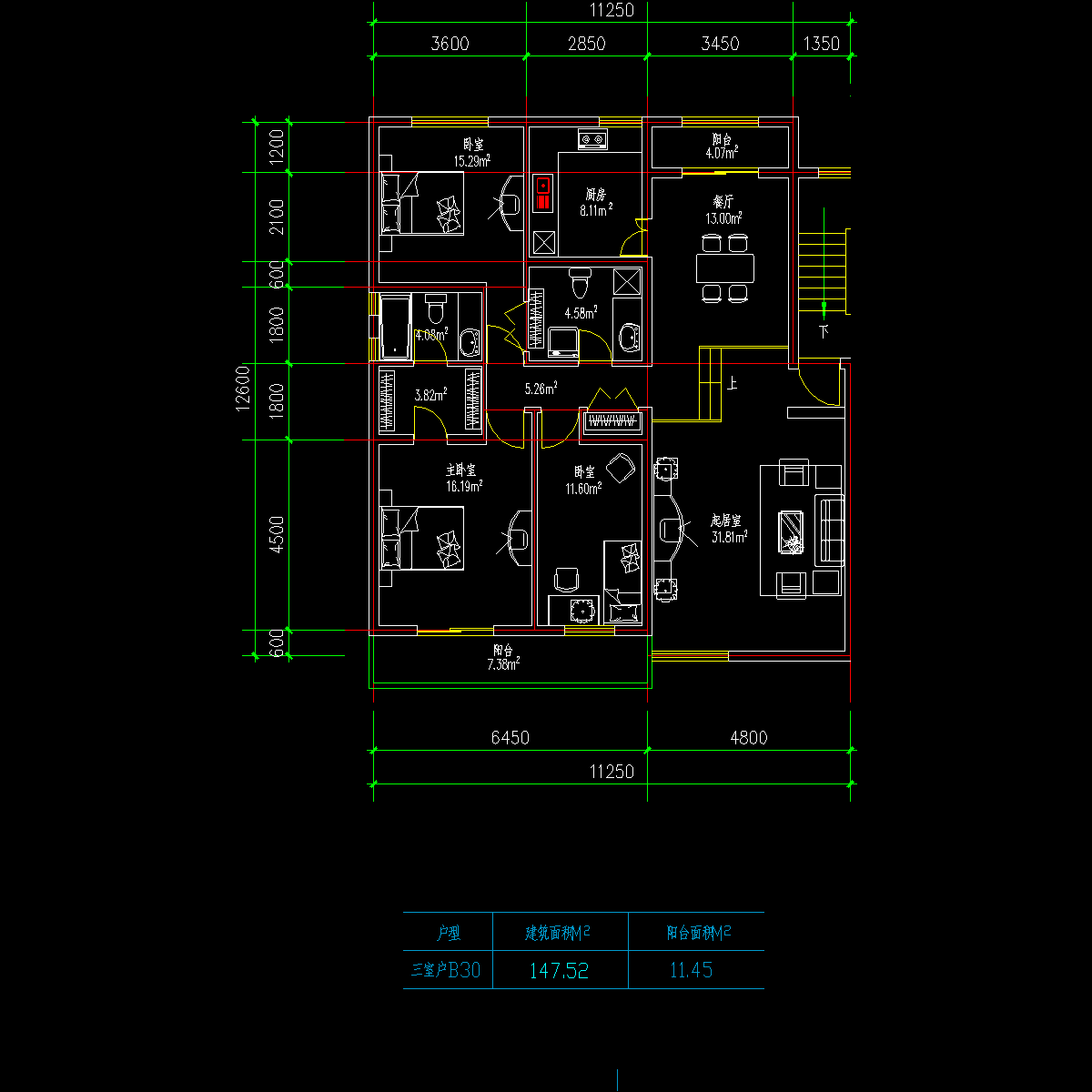 板式多层一梯两户三室一厅二卫户型CAD图纸(148/148)