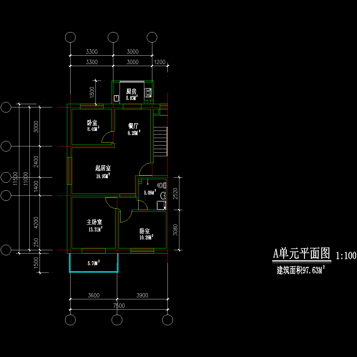 板式多层三室单户户型CAD图纸(130)