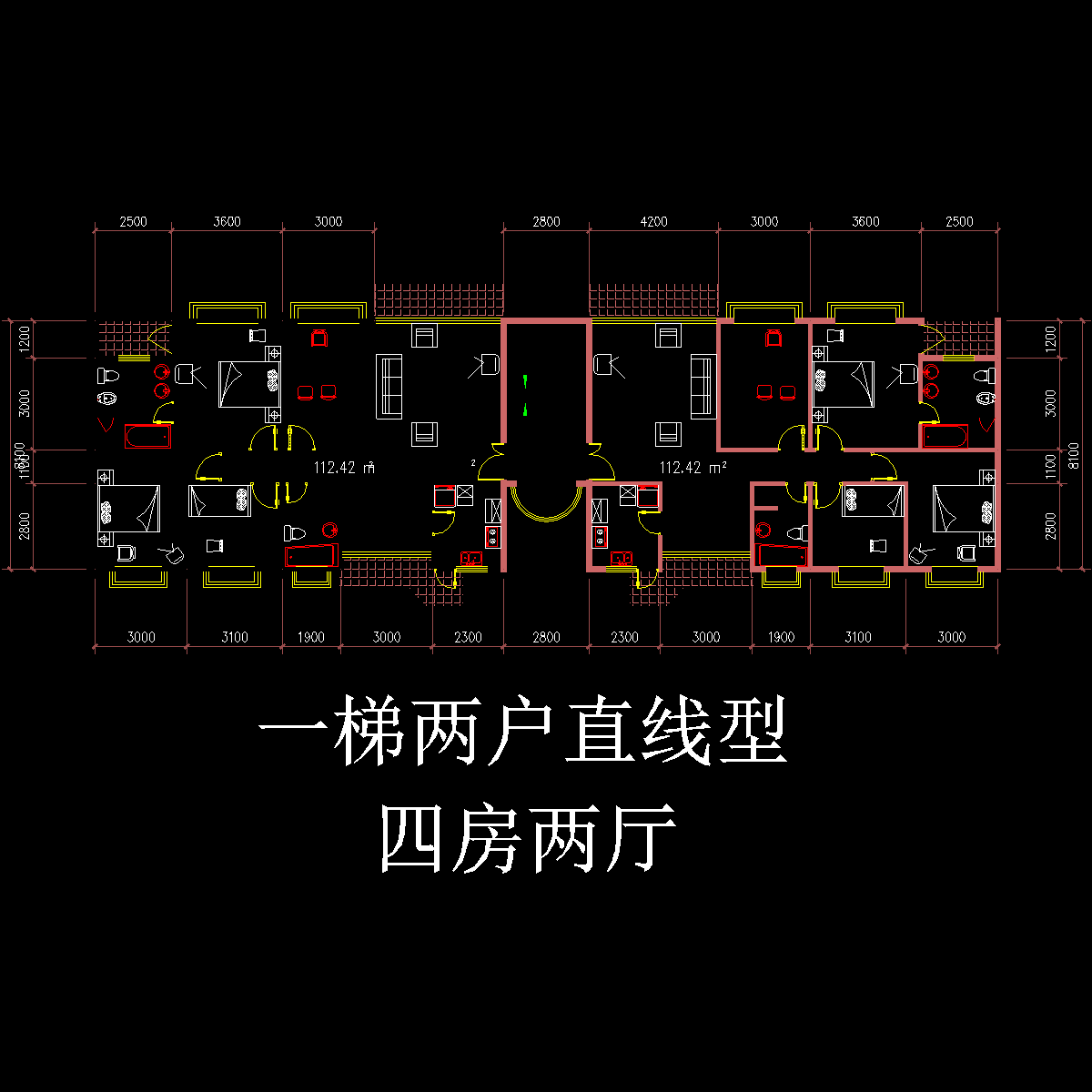 板式多层一梯二户直线型户型CAD图纸(112/112)