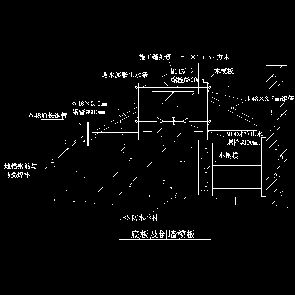 底板及导墙模板施工示意图纸（小钢模拼接多层板）