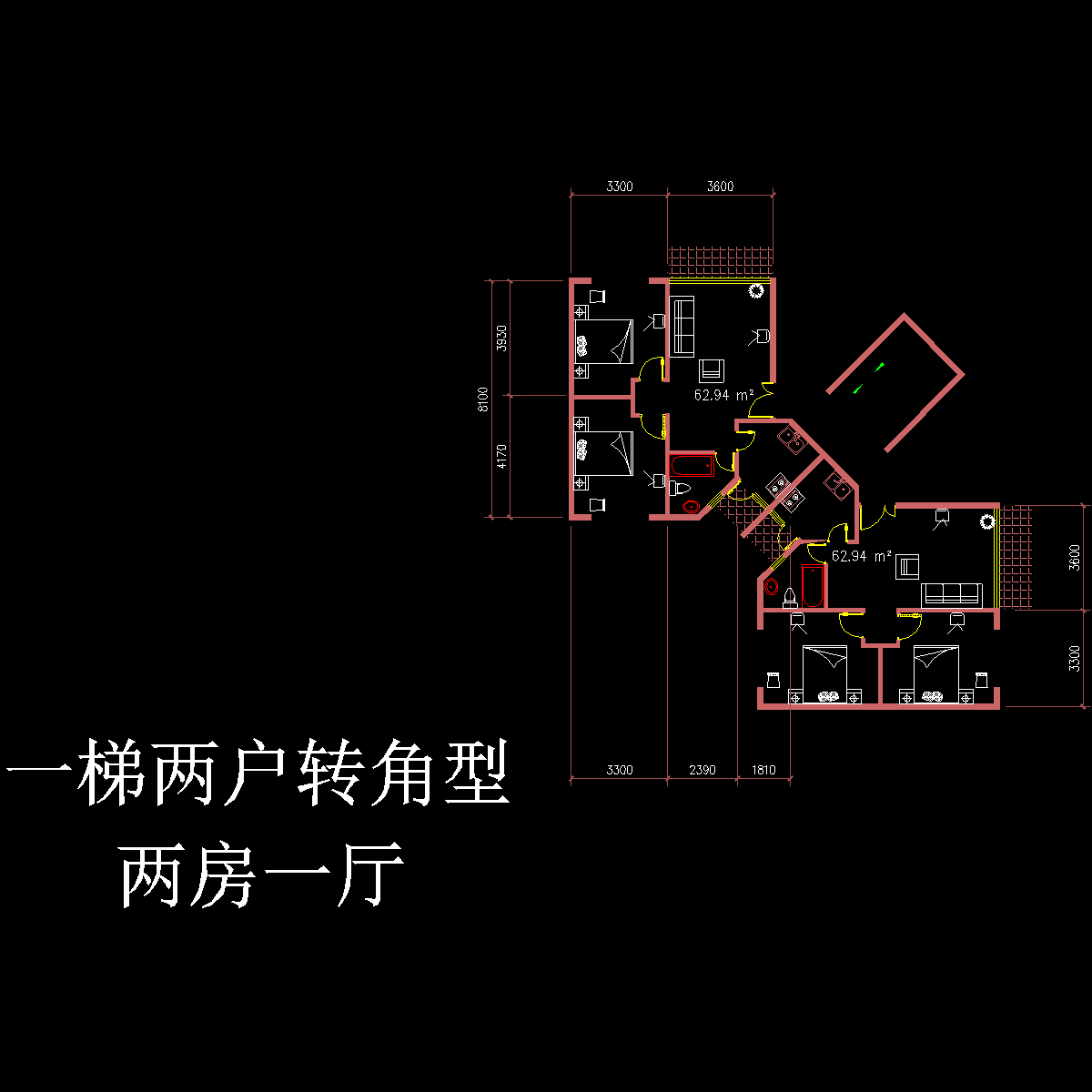 板式多层一梯二户转角型二室一厅户型CAD图纸(63/63)