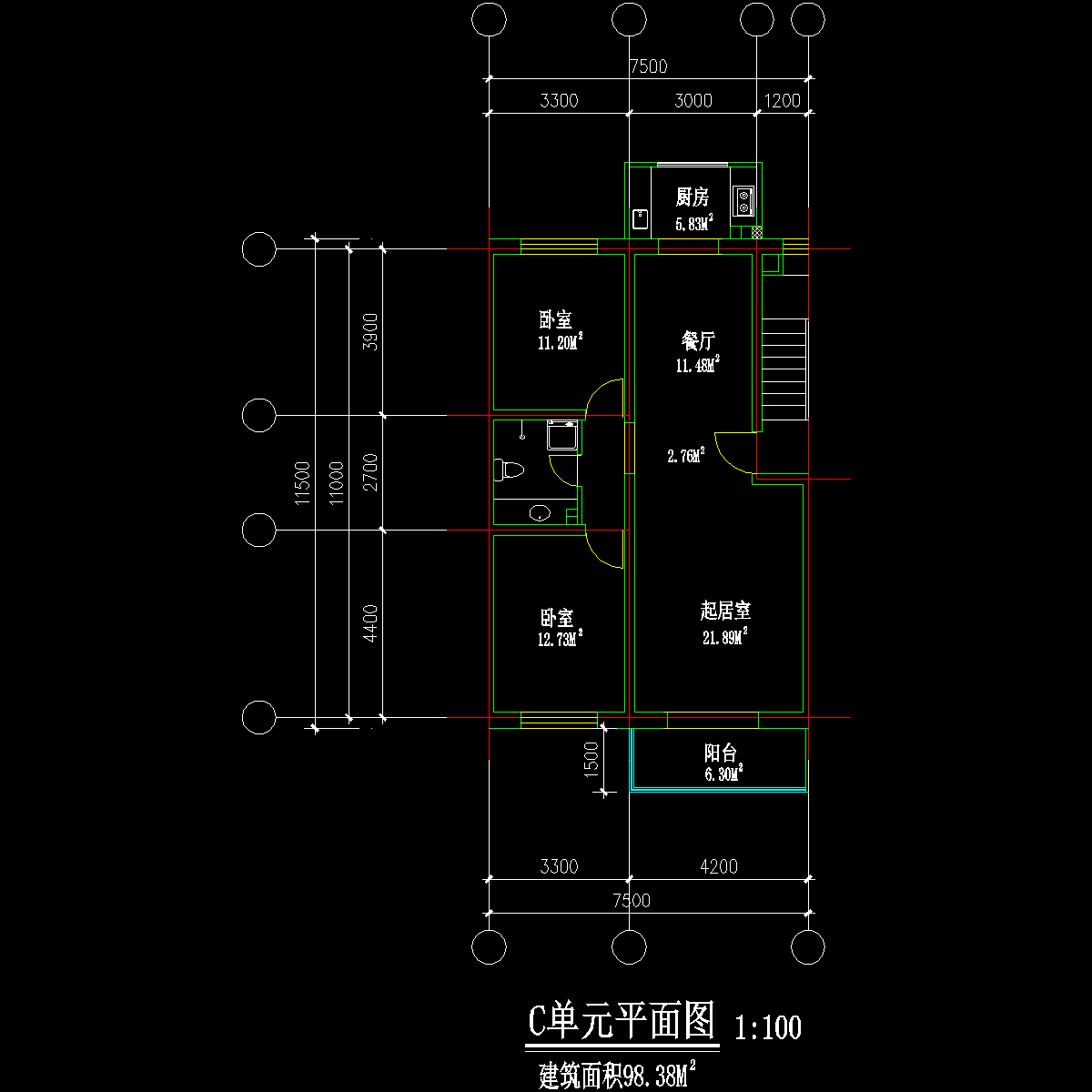 板式多层两室单户户型CAD图纸(120)
