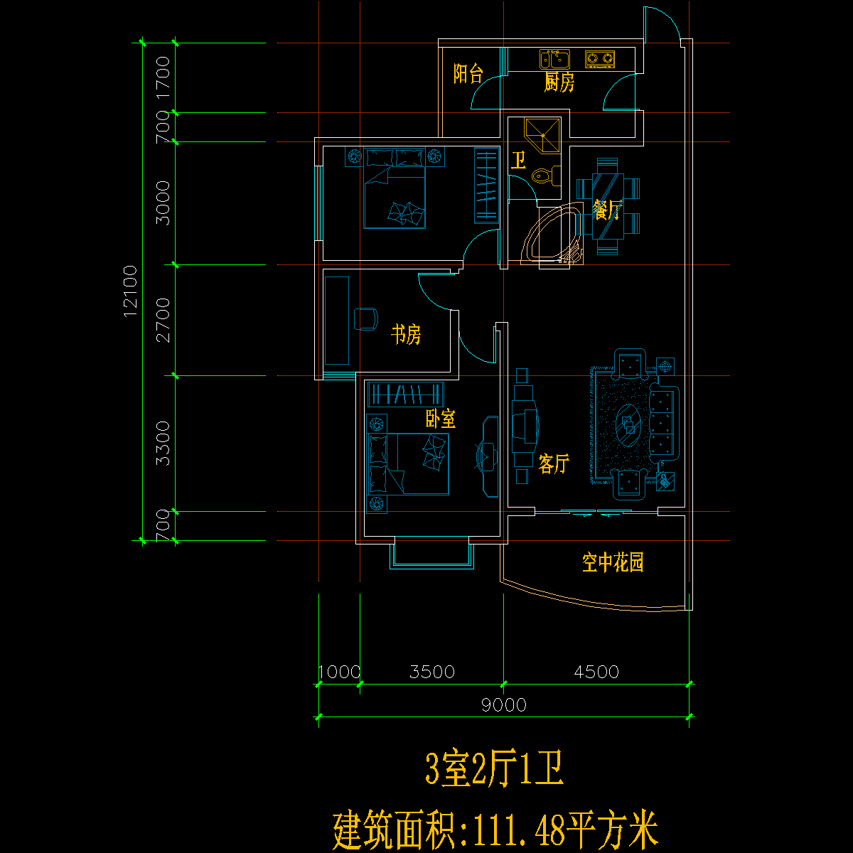 板式多层单户三室二厅一卫户型CAD图纸(114)